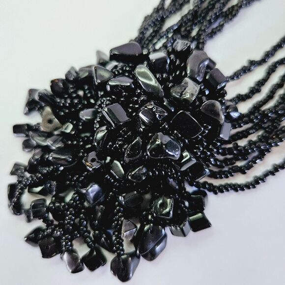 Vintage Seed Beaded Multi Strand Cluster Black Onyx Statement Collar Necklace - Picture 5 of 10